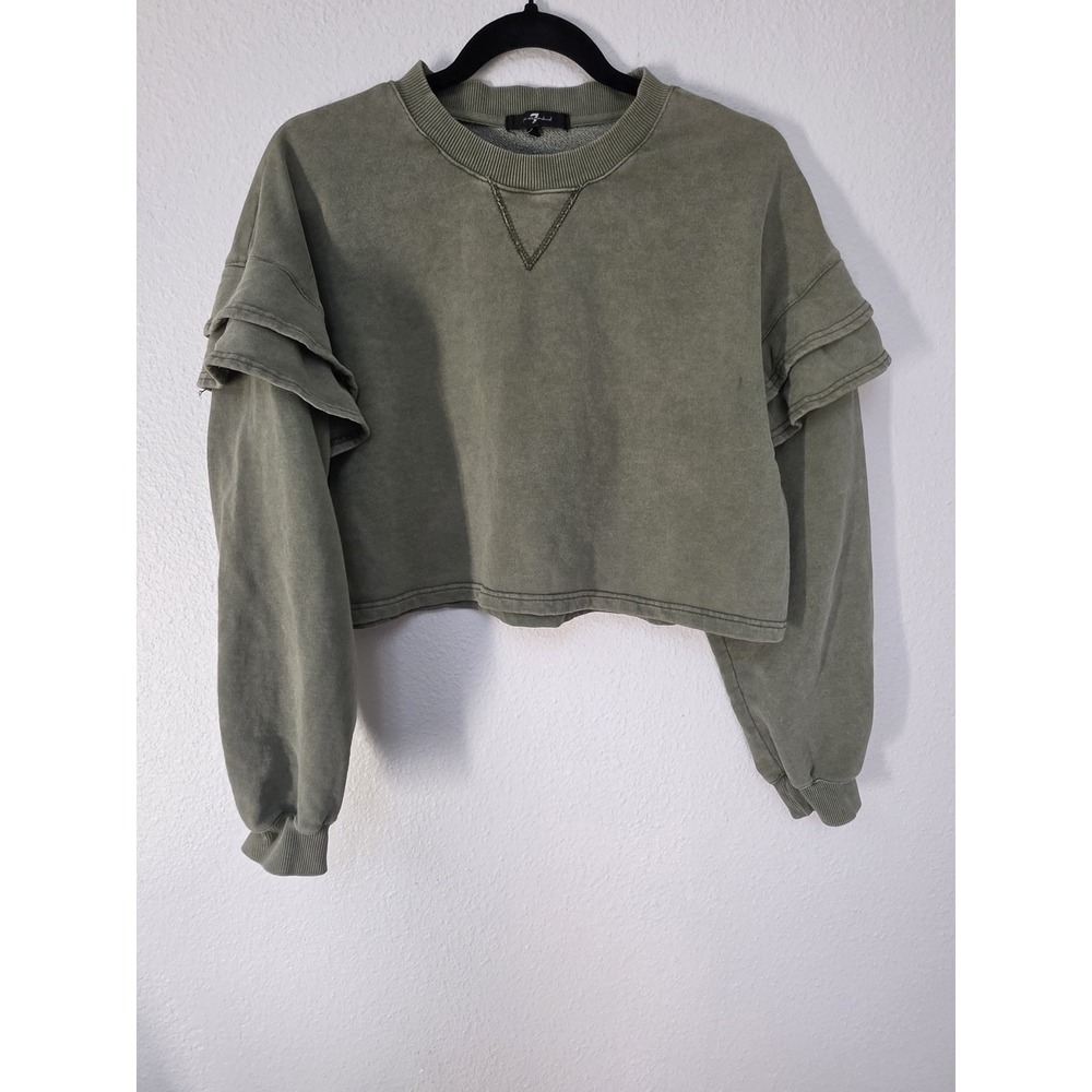 7 For All Mankind Women M Olive Green Crew Neck Sweatshirt Pullover Top